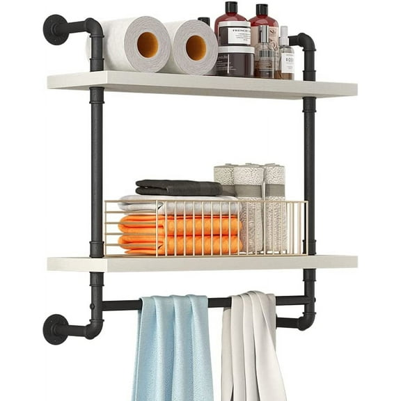 24inch Industrial Pipe Shelving Bathroom Shelves Wall Mounted with Towel bar, 2 Tier Rustic Wood Floating Shelf, Metal Towel Rack Wall Shelf for Home & Bathroom (White, 24inch)