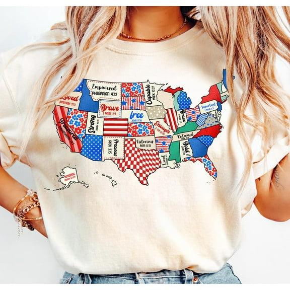 Christian USA Map T-Shirt, God Bless America Faith Shirt, Patriotic Bible Verse Top, Religious Red White Blue Independence Day Tee