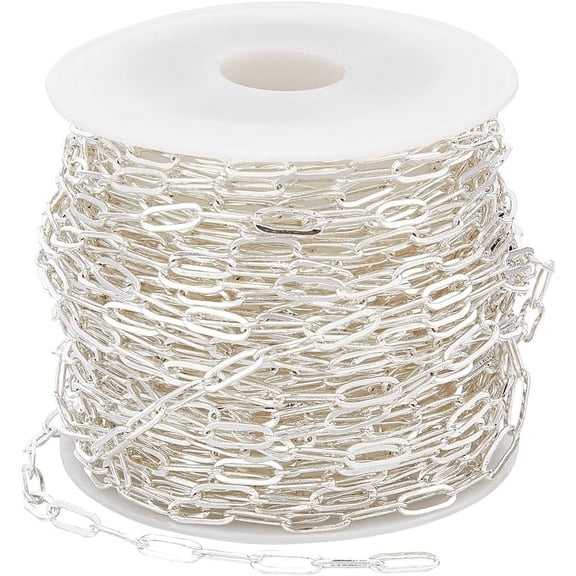 32.81 Feet Silver Paperclip Chain Bulk Oval Chain Links Brass Paper Clip 3mm Jewelry Roll Drawn Elongated Cable Soldered Link Chains for Jewelry Making Necklace Bracelet Supplies DIY Crafts DIY