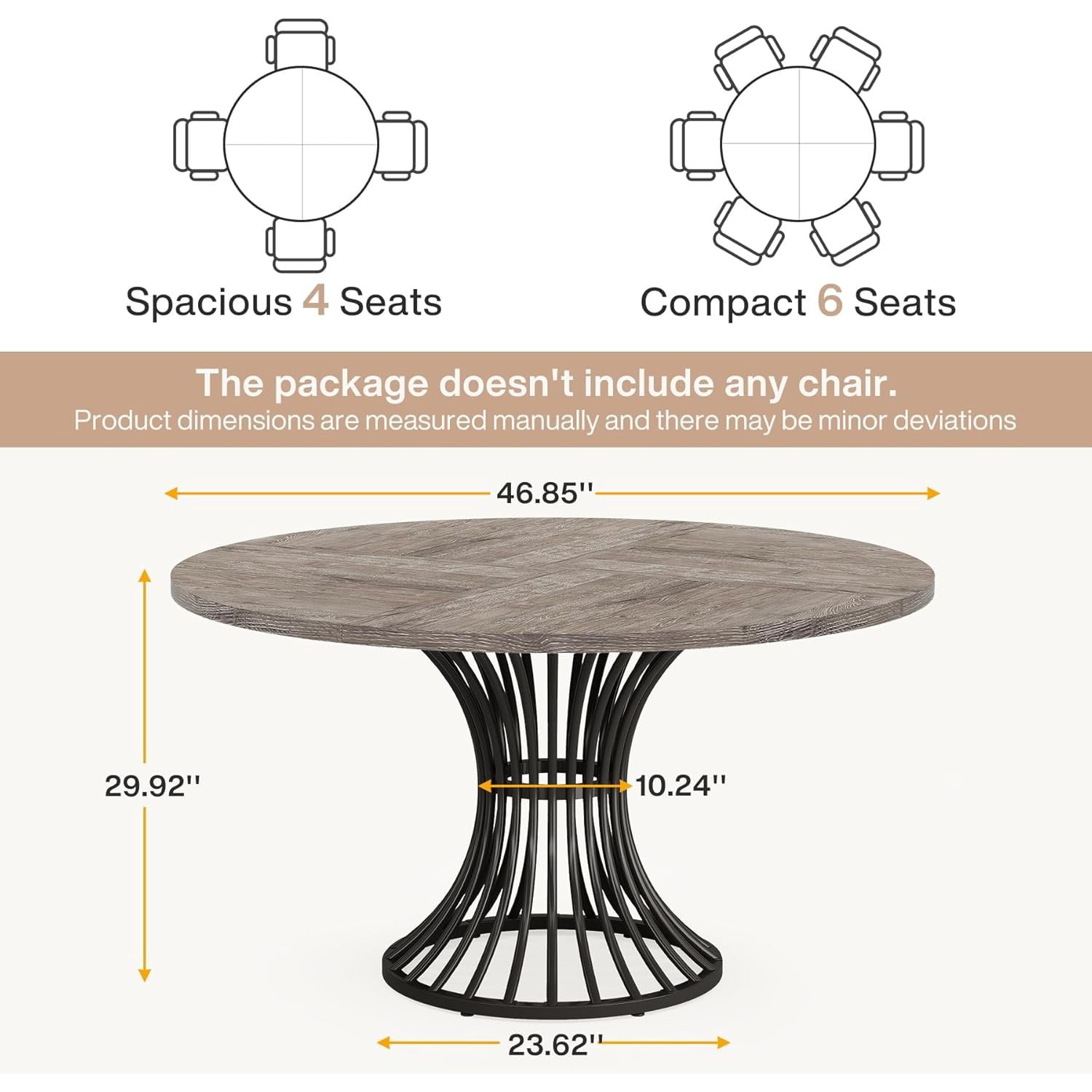 Dining Table, Round Conference Table for 4-6 People, Industrial Style with Metal Base, 46.85 in L x 46.85 in W x 29.92 in H