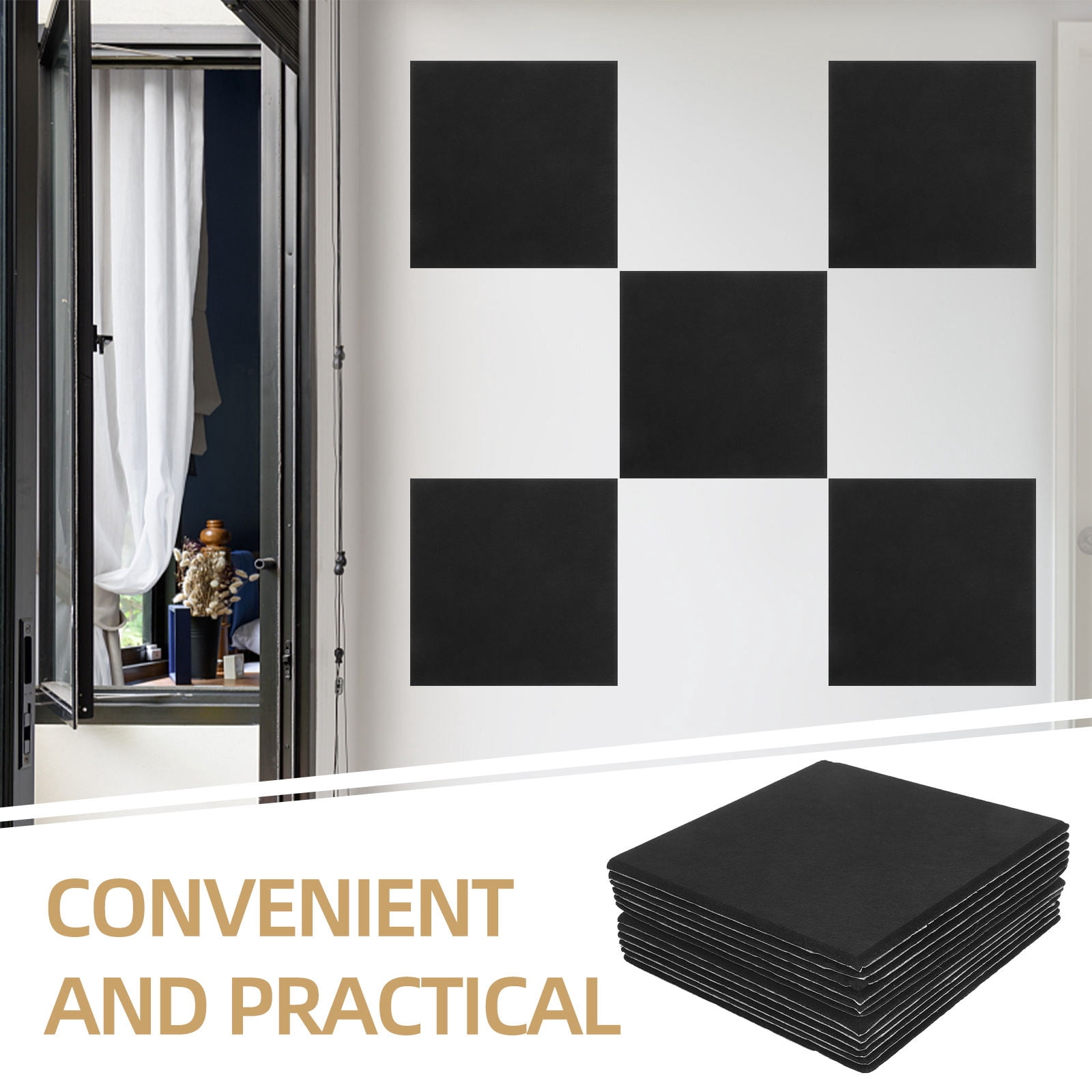 KALLORY Black Acoustic Wall Panels 12- Absorbing Poly Fiber Tiles for Noise Reduction, Easy to Cut and Install