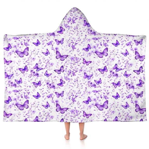 White Purple Butterfly Flower Pattern Hooded Bath Towel,50"x30" for Ages 3 To 12 Kids, Quick Dry Lightweight Soft Microfiber Hood Beach Towel Cover Up for Kids