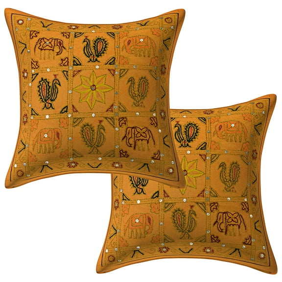 Stylo Culture Ethnic Chair Seat Throw Pillow Covers 16x16 Ari Embroidered Floral Mango Yellow Traditional 40 x 40 cm Living Room Cotton Elephant Square Cushion Covers | Set Of 2