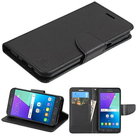 Flip Cover Set - Samsung Galaxy J3 Emerge, Galaxy J3 (2017) J327P, Galaxy Express Prime 2 Phone Case Magnetic Leather Flip Wallet Cover Stand Pouch Fold Book Folio with Credit Card / Cash Slots - BLACK