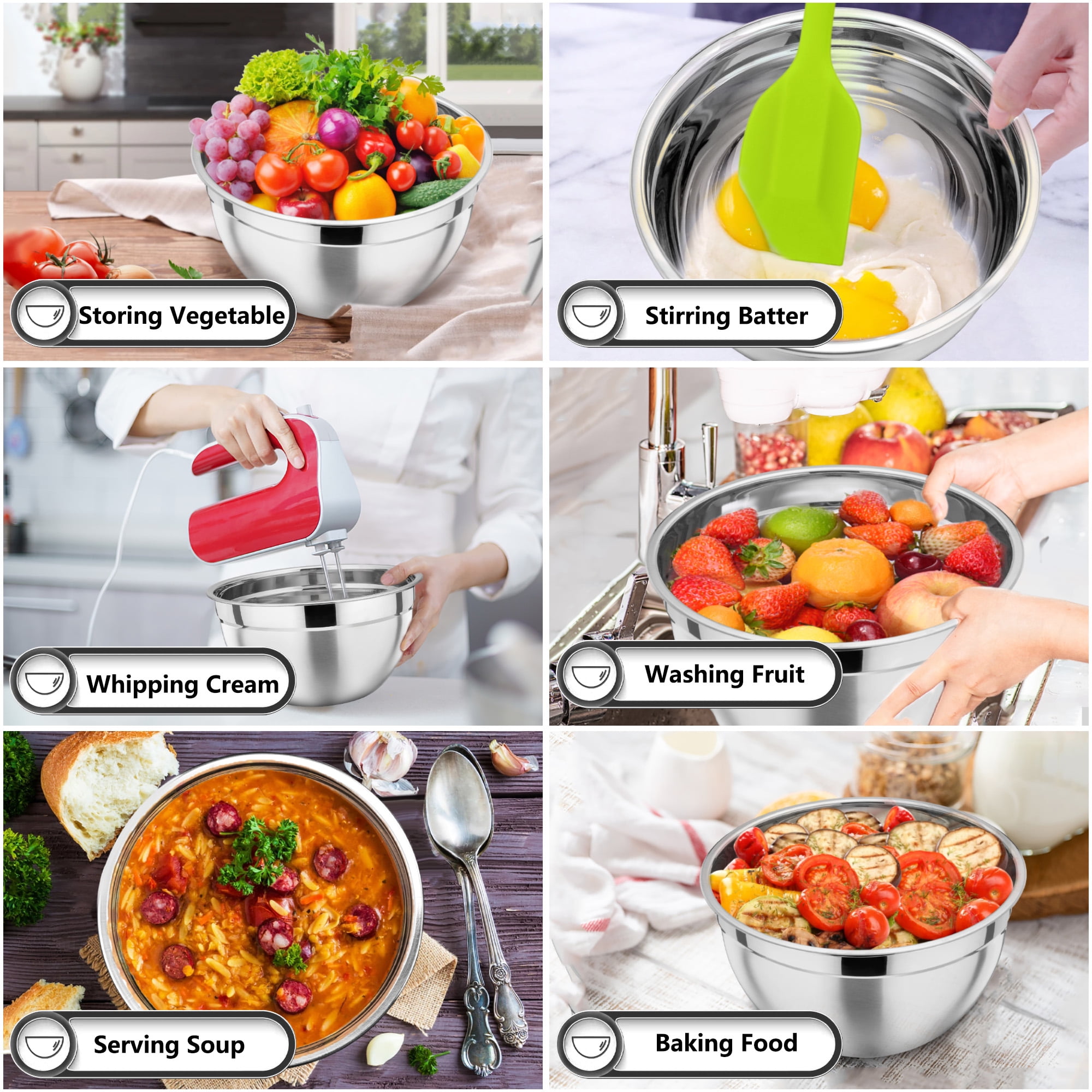 Walchoice Stainless Steel Mixing Bowls with Lids Set of 7, Metal Bowls with Airtight Lids & 16 Pieces Kitchen Accessories for Cooking Baking Serving - 7/4.6/2.6/2/1.5/1/0.7 QT, Colorful