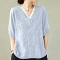 thumbnail image 2 of fheaev Chemise en Coton et Lin pour Femmes Hauts de Sortie Mode d'Été pour Femmes Manches Raccourcies Col Rond Ligne en Coton Chemise Ample Blouse, 2 of 7