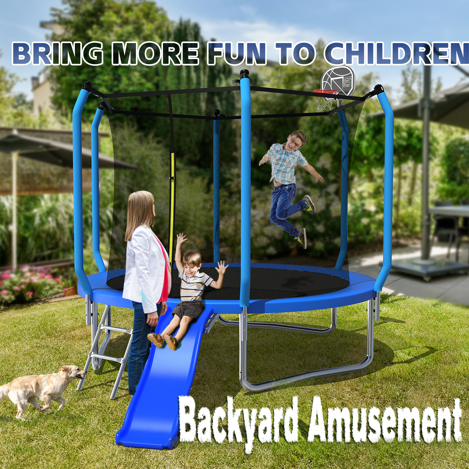 Mersco 8FT Heavy Duty Trampoline with Enclosure Net , Slide Outdoor Big Trampoline for Backyard,Kids Trampoline with Basketball Hoop,Birthday and Holiday Gifts for Kids,Blue