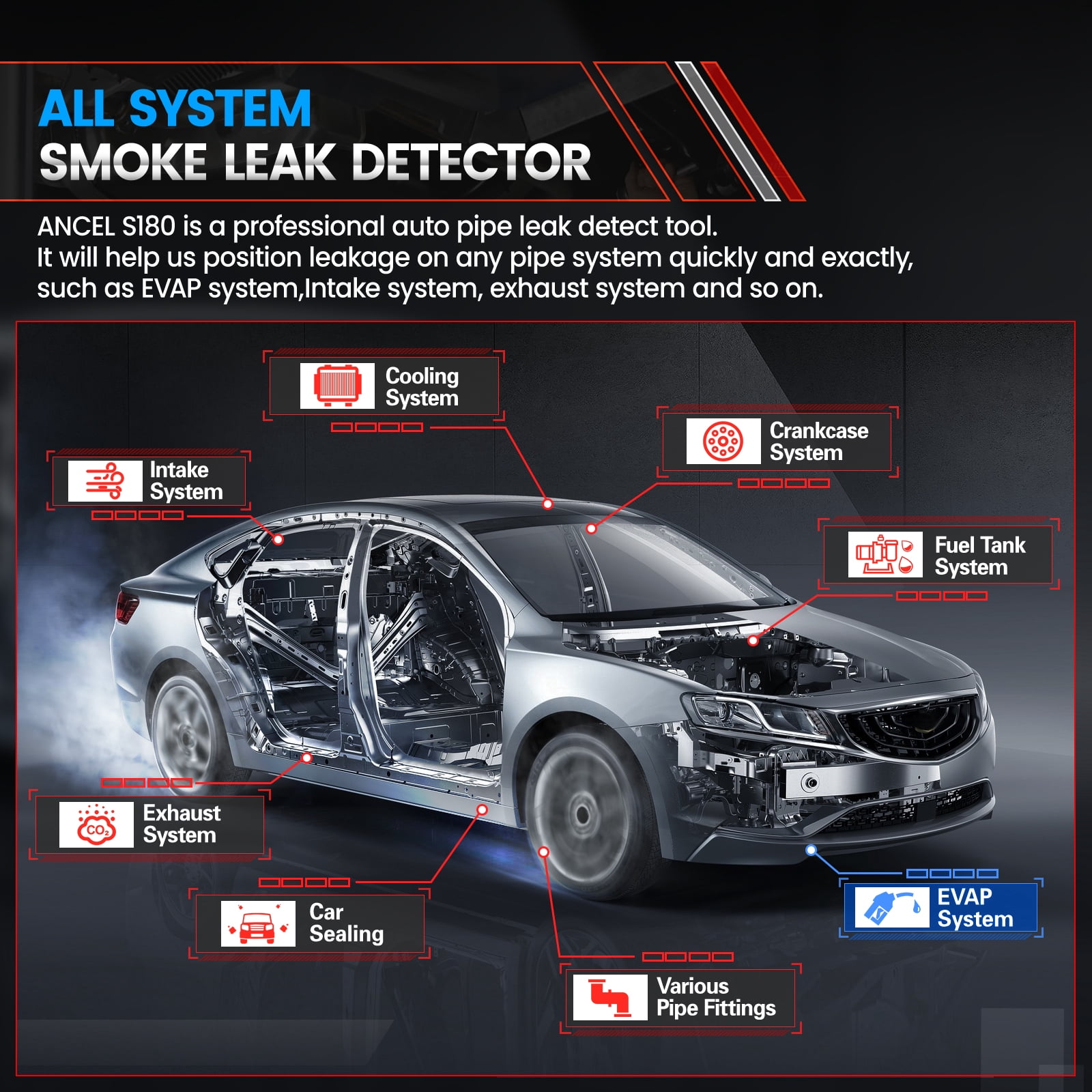 ANCEL S180 Automotive Smoke Machine Leak Detector with Built-In Air Pump, EVAP Smoke Machine Fuel Pipe Vacuum Diagnostic Tester for Cars Motorcycles Trucks
