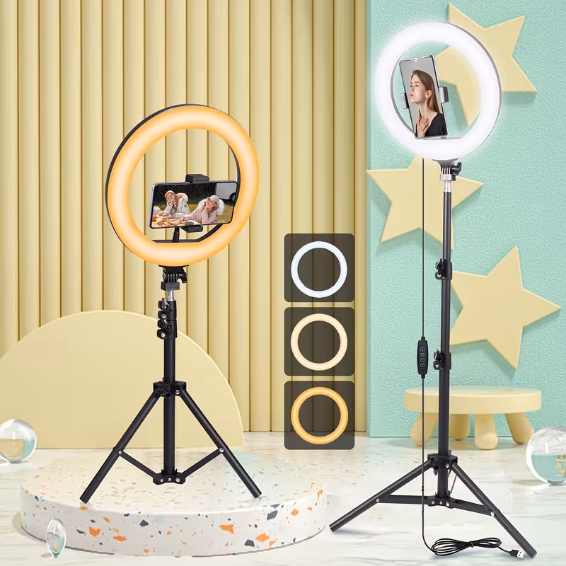 thumbnail image 1 of 25.4cm Dimmable led selfie anillo luz con trípode y soporte de teléfono, - espectro completo de color, 1 of 1