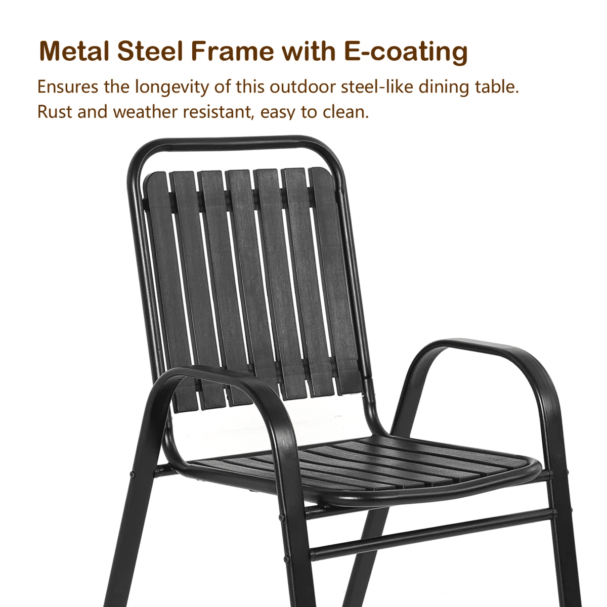 Seizeen Outdoor Dining Set for 6, Plastic Wood Patio Furniture Set with Steel Frame, Space-saving Dining Table and Chairs Stockable Design, All-weather Porch Garden Yard Conversation Furniture, Black