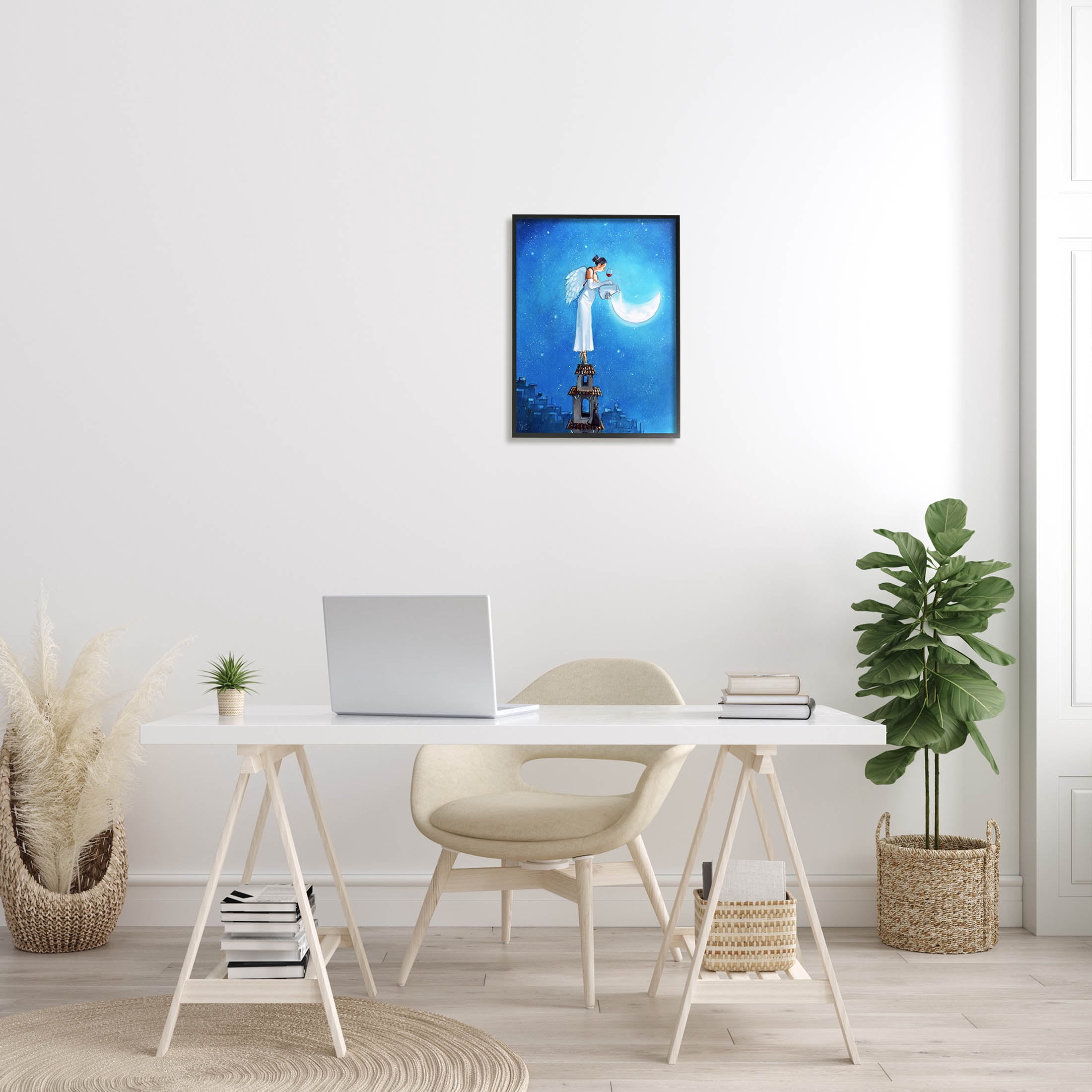 Angel Pouring Moon Cityscape Landscape Painting Black Framed Art Print Wall Art