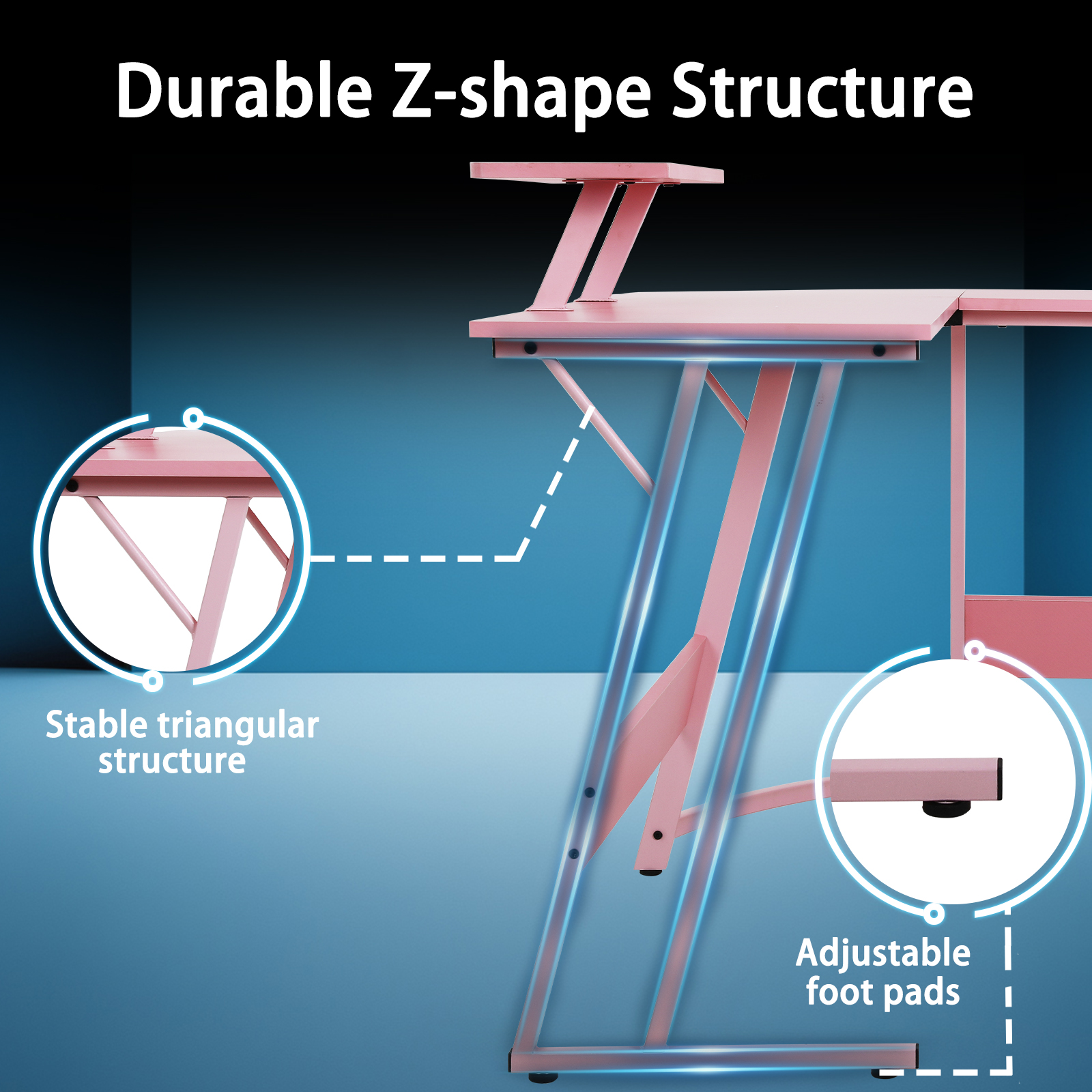 CL.HPAHKL L Shaped Gaming Desk, Computer Desk Corner Desk with Monitor Stand&Large Wooden Desktop, PC Gaming Desk Table for Home Office Sturdy Writing Workstation (Pink, 50 inch)
