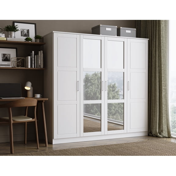 100% Solid Wood Cosmo 4-Door Wardrobe with Mirrored Doors