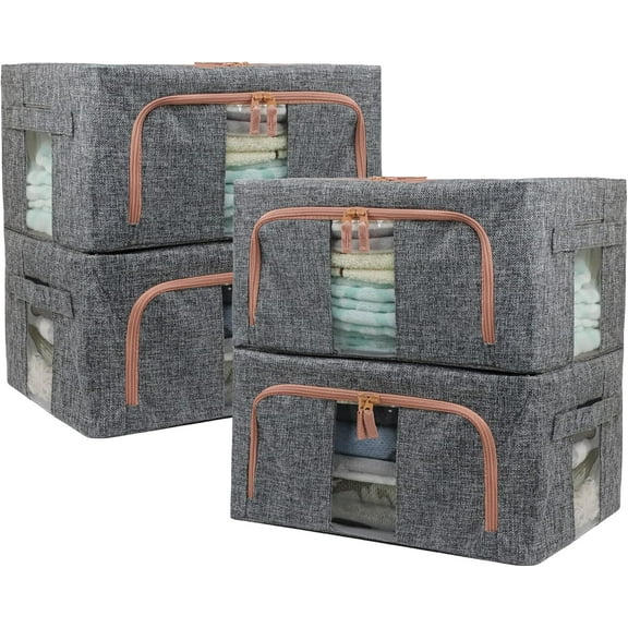 Linen Clothes Storage Bins, 4PCS Sturdy Closet Organizers and Storage Bin with Metal Frame, 2 Opening Ways Fabric Visible Lidded Storage Box for Organizing Clothing,Jeans,Sheets (4PC Gray, 22Liters)