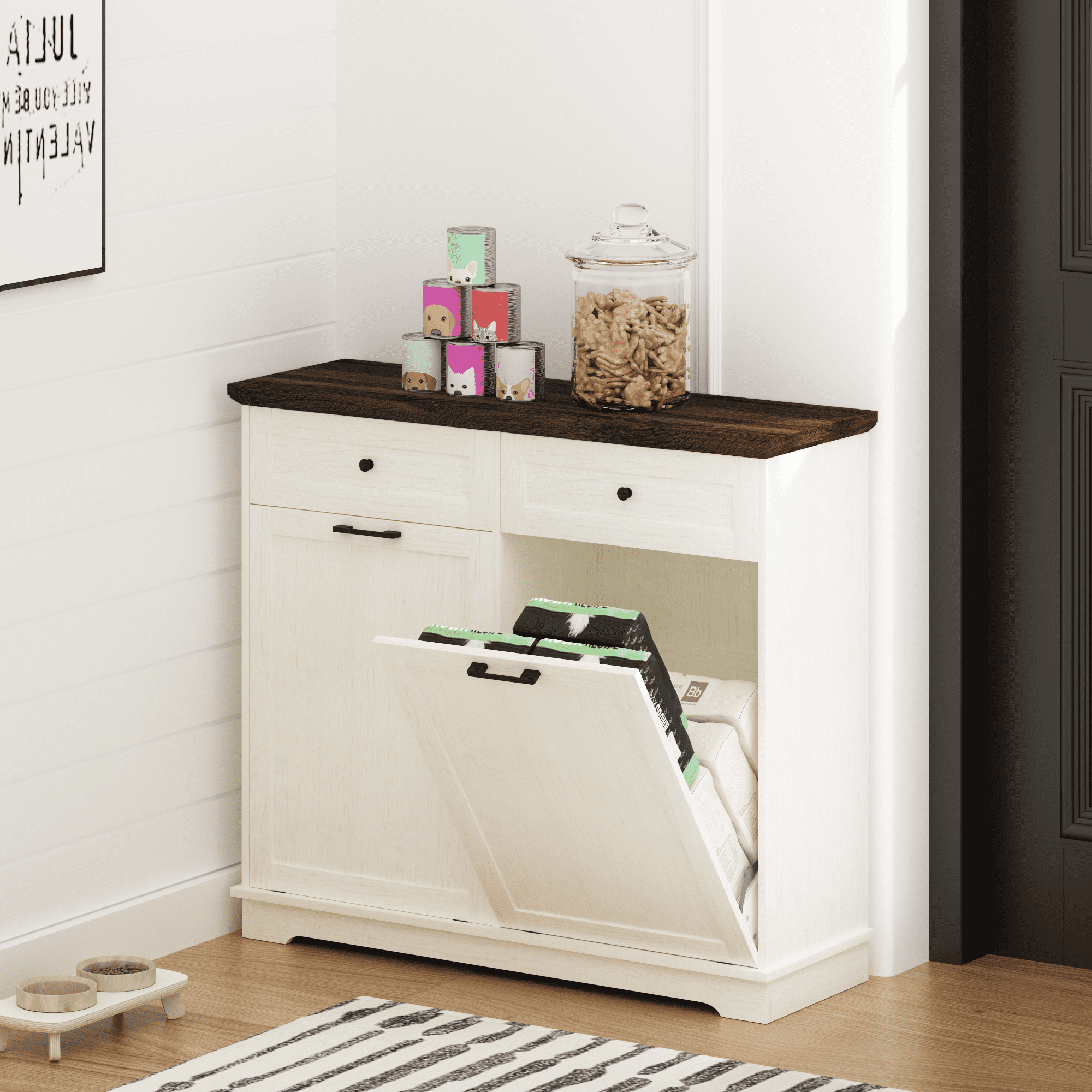 Tilt Out Trash Cabinet Freestanding Trash Bin Cabinet Wood Garbage Recycling Cabinet with Drawer Pet Proof Trash Can Holder for Kitchen Living Room, Antique White (Not include trash can)