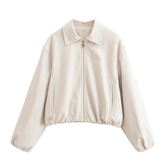 jtjvou Women’s Cropped Bomber Jacket Puffed Sleeves Zip Up Trendy Casual Streetwear Outerwear with Pockets Beige M