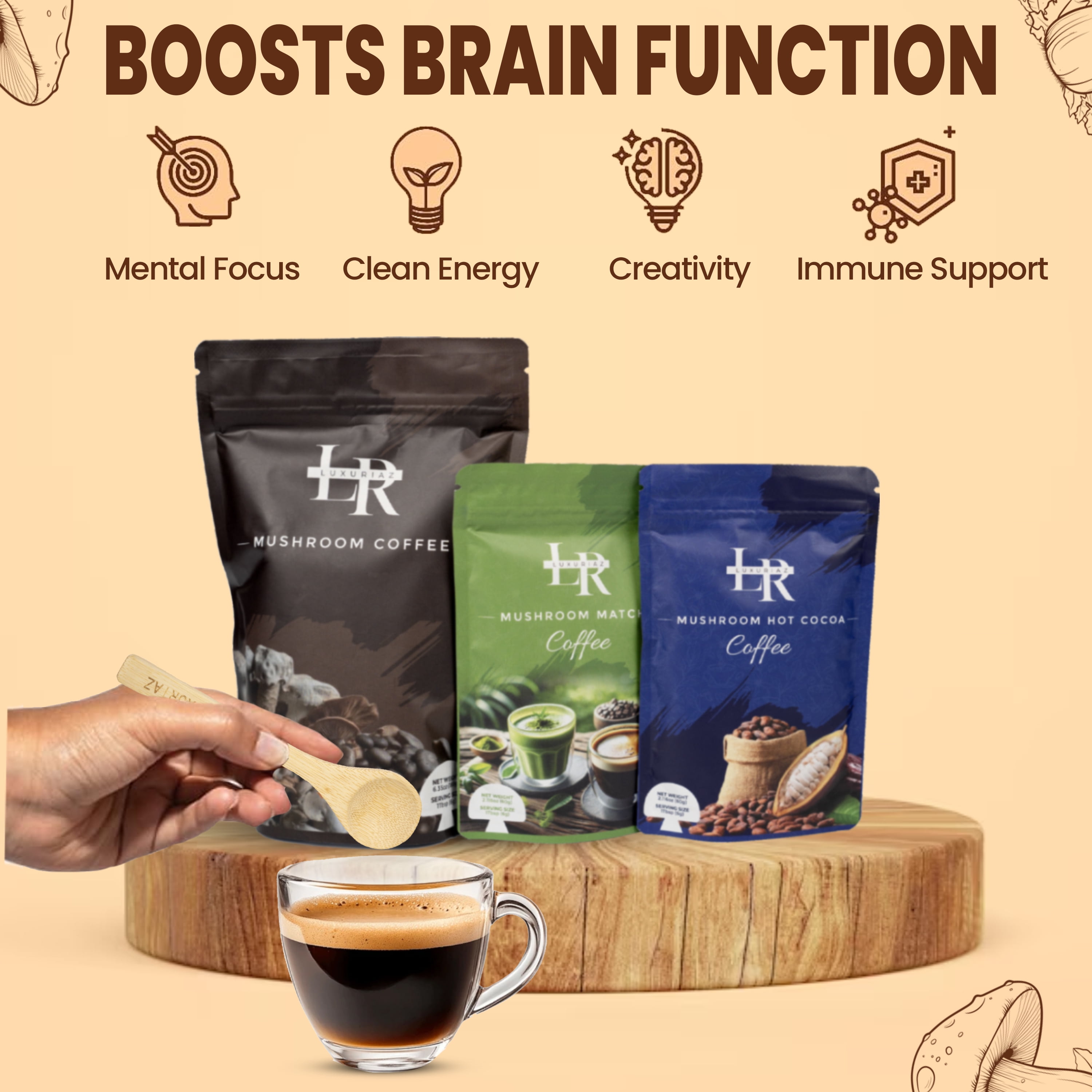 Luxuriaz 3-in-1 Organic Functional Mushroom Instant Coffee Kit with Matcha and Cocoa Blend, 240g