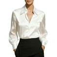 thumbnail image 2 of Uootdi Womens Satin Tops Sheer V Neck Button Down Long Sleeves Shirts Office Evening Going Out Tees Modern Boho Fashion Outfits Gift, 2 of 6