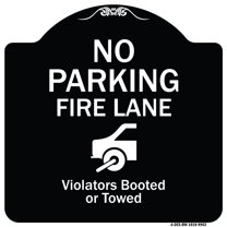SignMission Designer Series Sign - No Parking Fire Lane (With Graphic) Violators Booted Or Towed | Black & White 18" X 18" Heavy-Gauge Aluminum Architectural Sign | Made in the USA