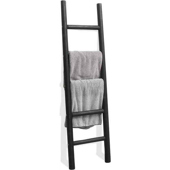 57in Wood Blanket Ladder Living Room Decorative Wall Leaning Farmhouse Quilt Display Holder Rustic Wooden Towel Rack for Bathroom, Black
