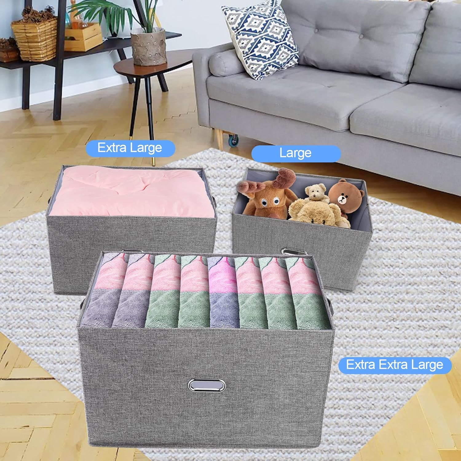 Large Linen Fabric Foldable Storage Bins with Removable Lid and Handles, Washable Storage Box Organizer Containers Baskets Cube with Cover for Bedroom,Closet,Nursery (, XXL(2-Pack))