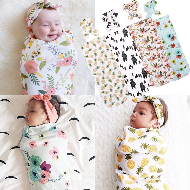 Newborn Infant Baby Swaddle Blanket Kids Sleeping Boys Girl Muslin Wrap Headband 