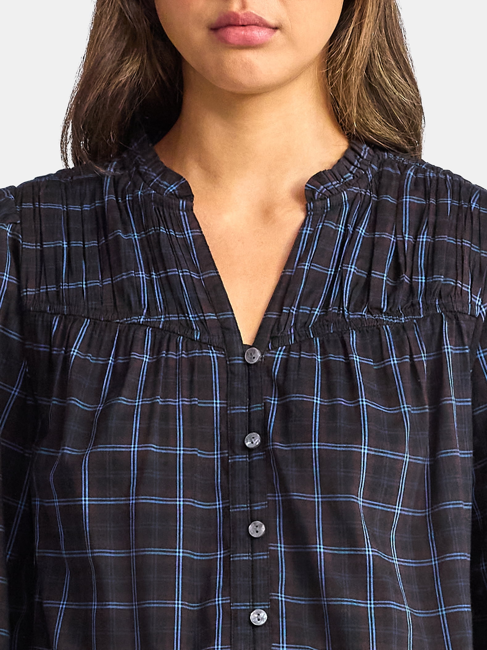 Time and Tru Women's Ruched Yoke Blouse with Long Sleeves, Sizes XS-XXXL