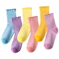 thumbnail image 2 of Bocaoying 6 Pack Women's Ruffle Crew Socks, Striped Frilly Ankle Lettuces Socks, Cotton Soft Checkered Casual Socks for Women, Pink, Yellow, Blue, Purple, Home & Daily Wear Socks, 5-9, 2 of 8
