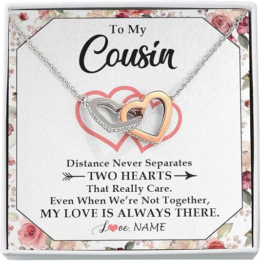 Interlocking Heart Necklace with Message Card and Gift Box, Necklace on Her Birthday, To My Cousin Necklace Gift, Cousins Wedding Necklace, Christmas Gift