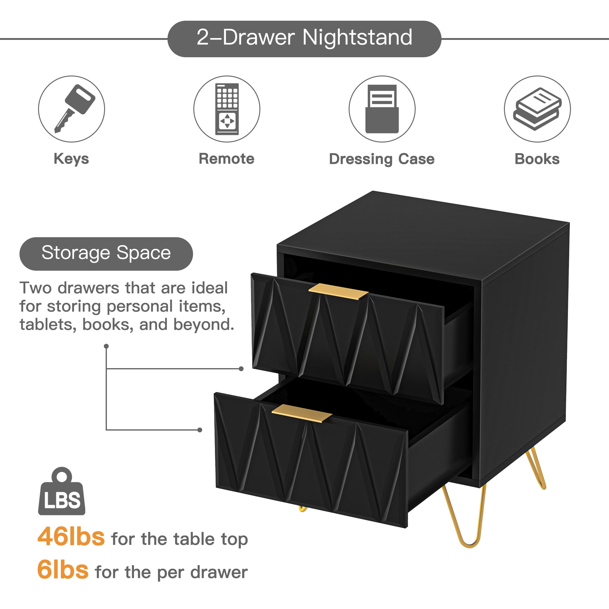Finihen 21" Tall Nightstand with 2 Drawers, End Table Dual Night Stand with Metal Legs for Bedroom Living Room, Black Finihen 21" Tall Nightstand with 2 Drawers, End Table Dual Night Stand with Metal Legs for Bedroom Living Room, Black