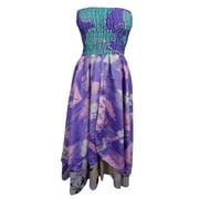 Mogul Womens Beach Dress Purple Strapless Smocked Bodice Silk Sari Two Layer Flirty Maxi Skirt