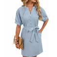 thumbnail image 3 of Women'S Solid Color Casual V-Neck Tie Waist Short Sleeve Dress Midi Summer Shift Dress Blue L, 3 of 9