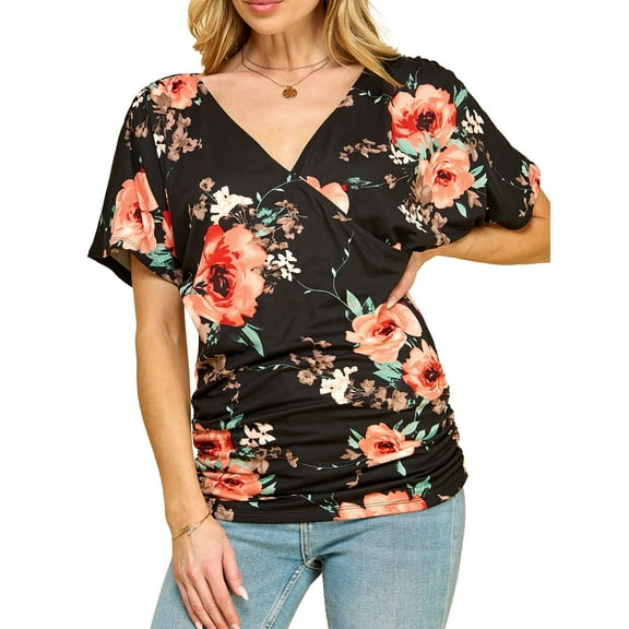 Made by Johnny Women's V Neck Short Sleeve Wrap Front Drape Dolman Top XL BLACK_FLORAL