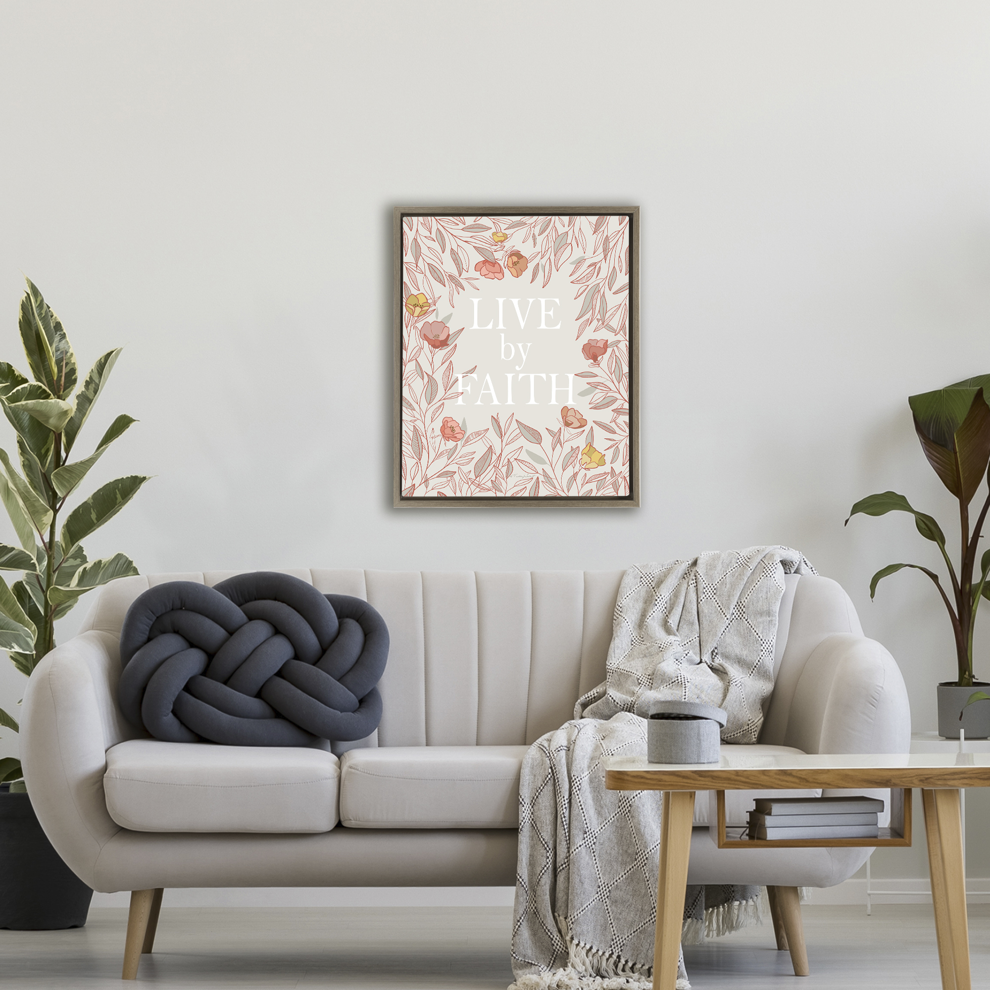 Live By Faith Rosy Florals Brown Framed Floater Canvas Wall Art, design by Kelley Talent