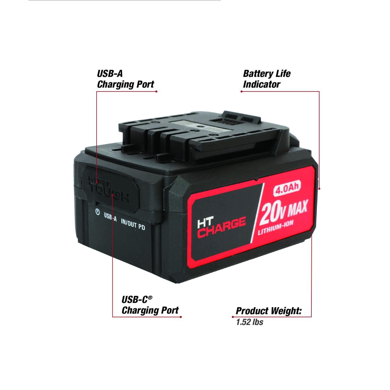 Hyper Tough 20V Lithium-Ion 4.0Ah Rechargeable Battery with USB-C 
