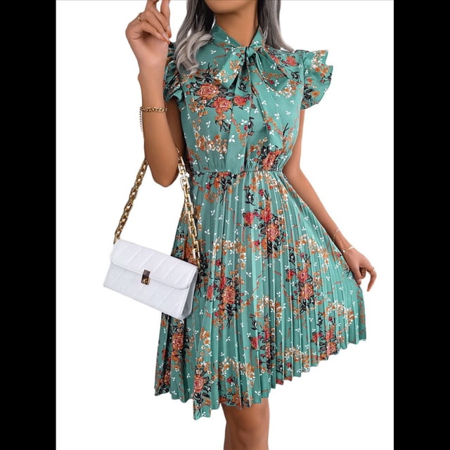 Vestido Plisado Floral Hasta la Rodilla para Mujer, para Vacaciones, Cuello Redondo, Sin Mangas, Cintura Alta, Ajustado, Verde M