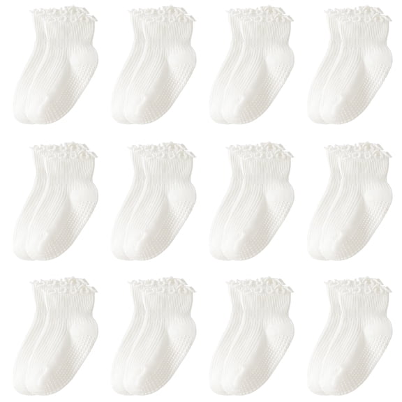 Yawlsow 12 Pack Toddler Socks with Grips, Non-Slip Ruffle Ankle Socks for Baby Girls, Size 3M-5T