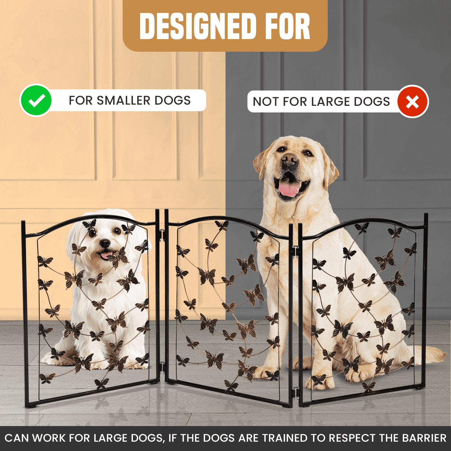 Bundaloo Freestanding Metal Folding Pet Gate, Medium, Foldable and Versatile, 24" Tall Expands Up to 45" - Black Bronze Rustic Butterfly Design