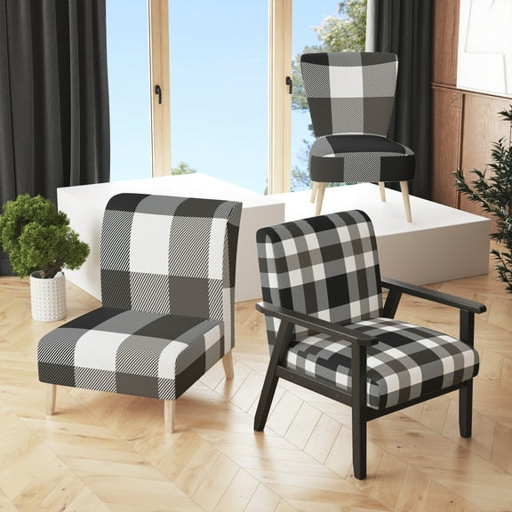 Designart "White and Black Checked Tartan" Upholstered Patterned Accent Chair and Arm Chair