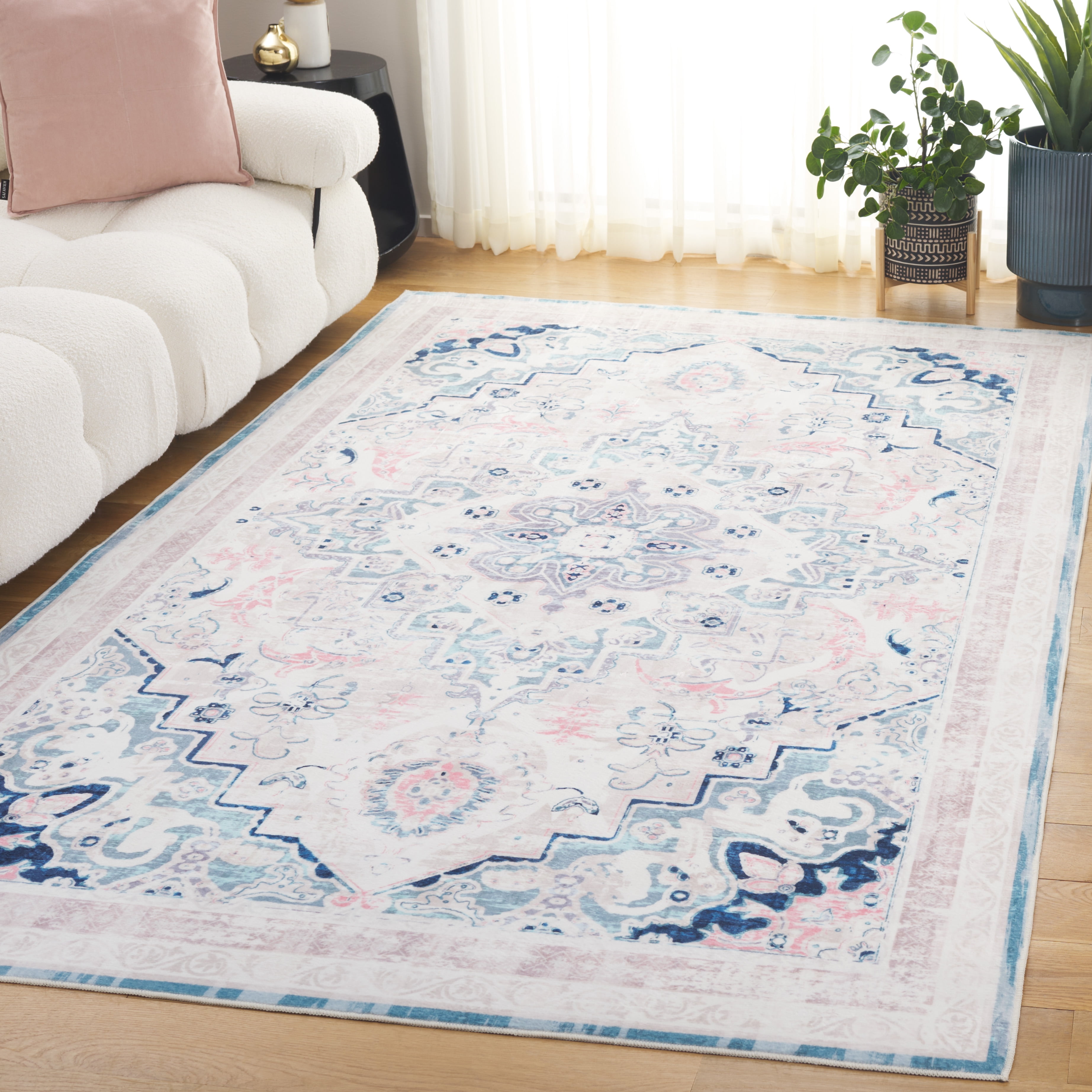 SAFAVIEH Arizona Desi Medallion Polyester Area Rug, Ivory/Aqua, 6' x 9'