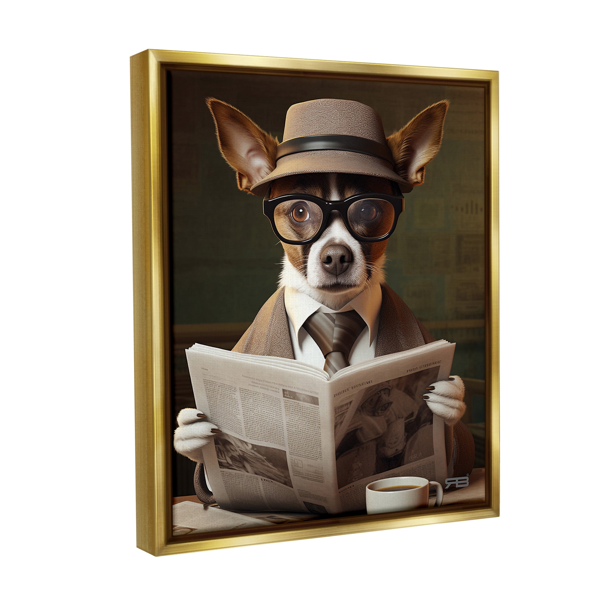 Stupell Industries Classy Dog with Newspaper Animals & Insects Painting Gold Floater Framed Canvas Art Print Wall Art, 25 x 31
