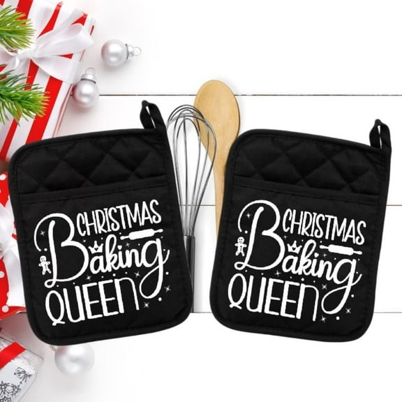 Set of 2 Black - Christmas Baking Queen - Pot Holder - Oven Mitt - Hot Pad - Polyester & Neoprene White Elephant - 9" x 7" - NEO005BLKDBL
