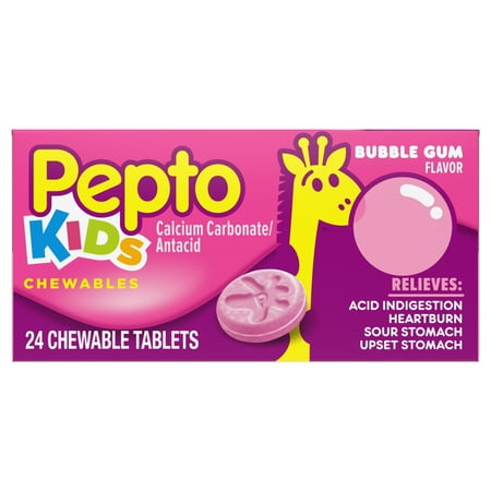 (2 Pack) Pepto Kid's Bubblegum Flavor Chewable Tablets for Heartburn, Acid Indigestion, Sour Stomach, and Upset Stomach for Children 24 (Best Herbal Tea For Upset Stomach)