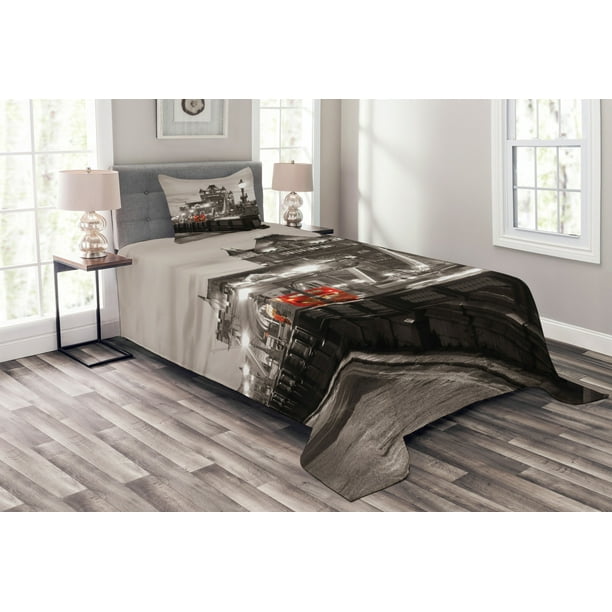 Black And White Bedspread Set Twin Size London Theme Tower Bridge In The Famous City Urban
