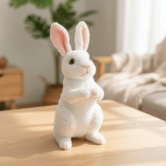 8In Sitting Simulation Rabbit Plush Toy with Vertical Ears Lifelike Bunny Doll for Desktop Decoration in White