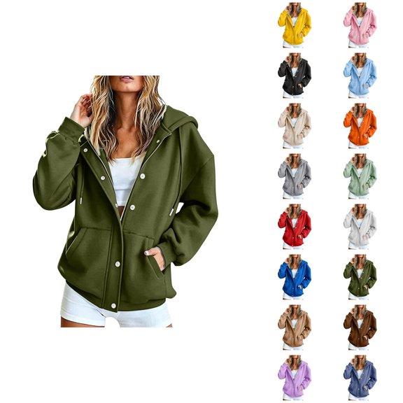 Zip Up Hoodie Women Long Sleeve Zipper and Snap Button Closure Loose Hooded Sweatshirt with Pockets Fall Casual Jacket