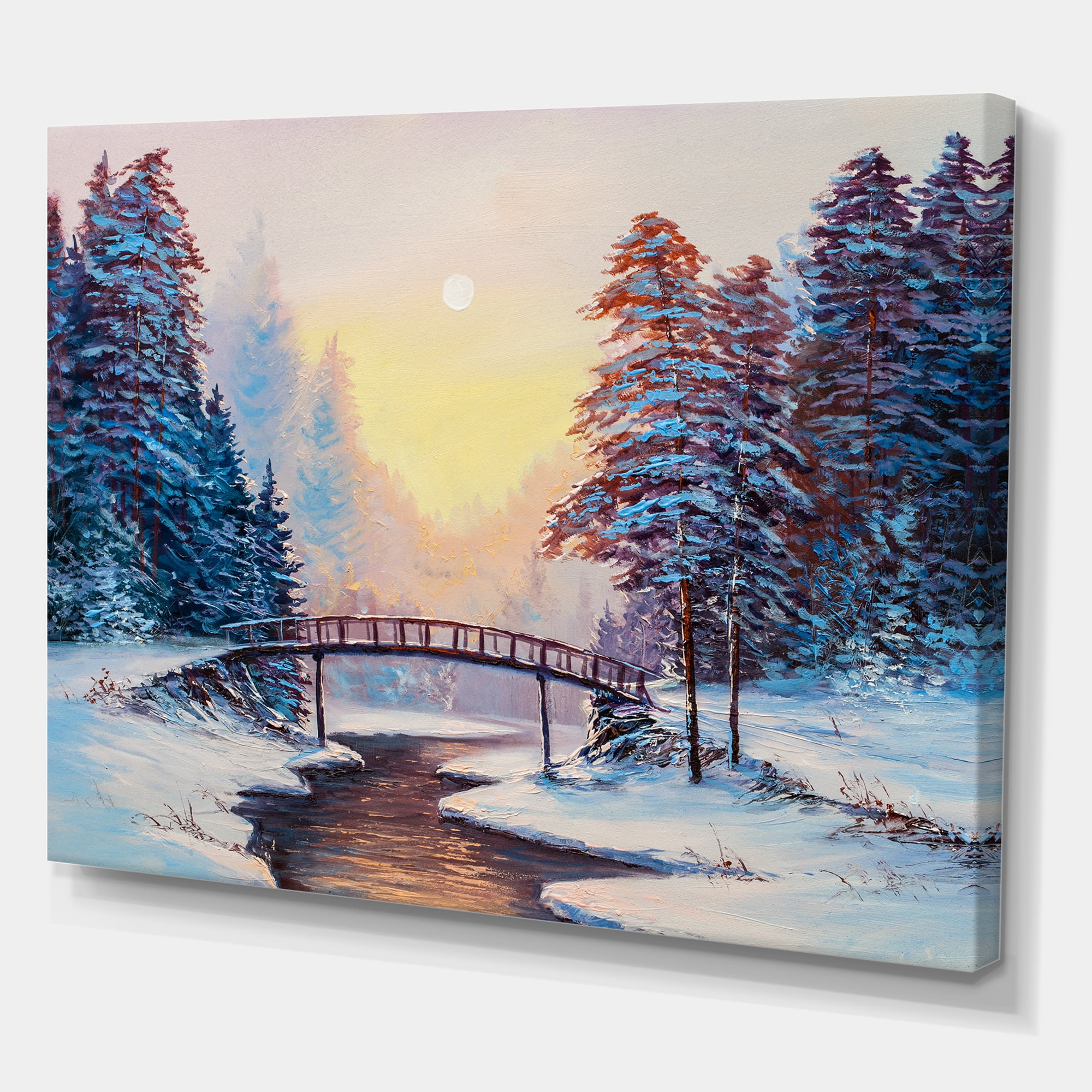 Designart ' Snow Covered Landscape and Little Bridge ' Traditional Canvas Wall Art Print