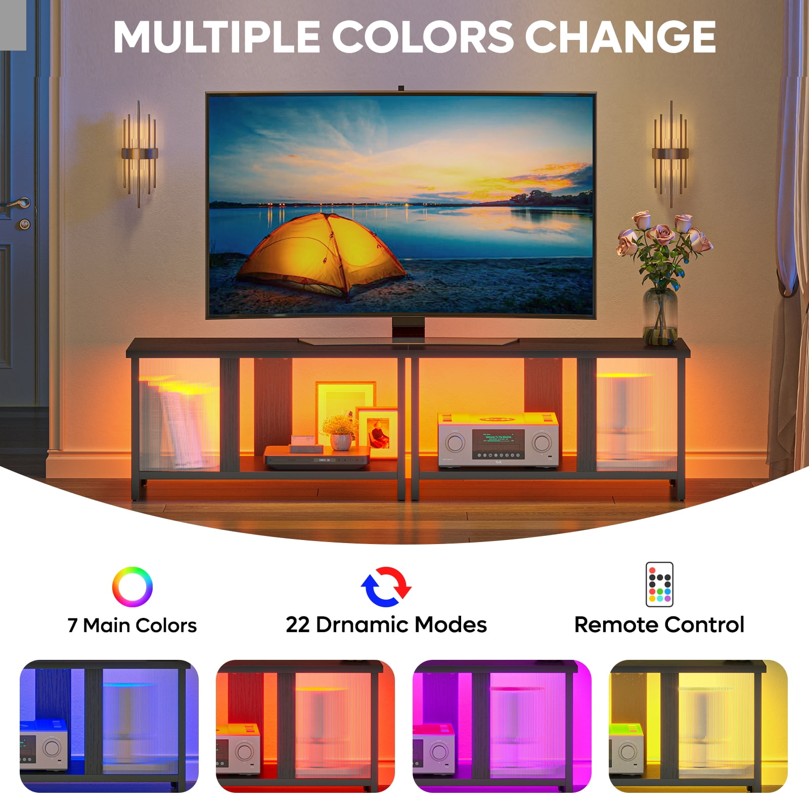 Pinmoco LED TV Stand for TVs up to 65'', Expandable Side by Side or Stacking TV Stand with Storage, Black