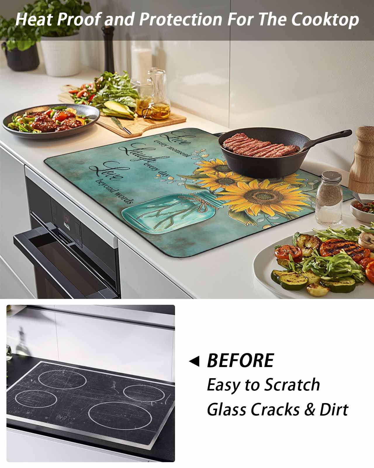 Stove Top Covers for Electric Stove, Vintage Sunflower Glass Stovetop Cover Protector, Teal Retro Summer Botanical Floral Induction Cooktop Protector Oven Mat for Kitchen Countertop 24"x21"