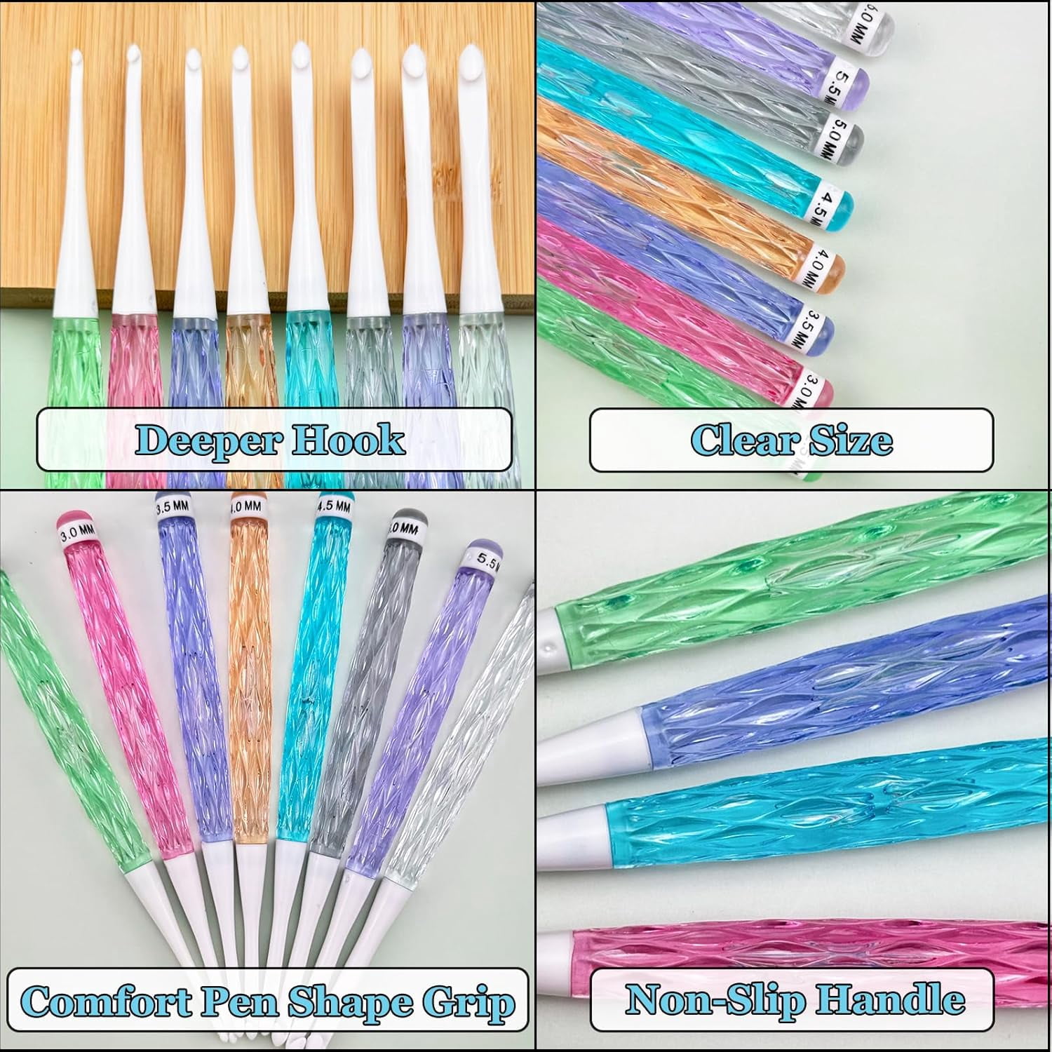 Inline Crochet Hooks Set,8PCS Plastic Long Hook Set with Case,Colorful Non-Slip Needles for Crocheting Yarn,Size 2.5mm-6mm